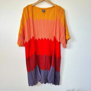 Crochet Knit Open Front Cardigan Artsy Colorful Chevron Size Medium